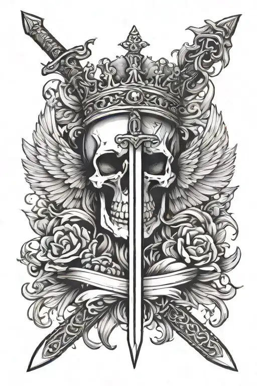 sword and wings and crown surrounded tattoo design idea