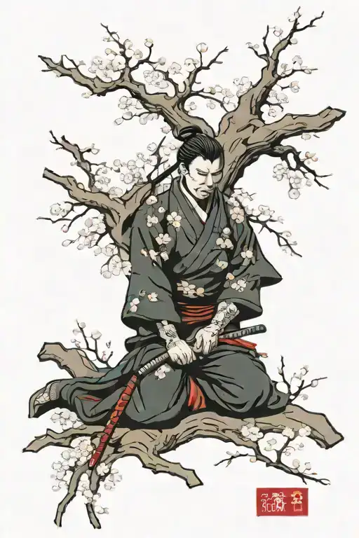 cherry blossom tree and sleeping ronin tattoo design idea