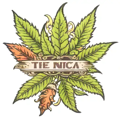 The name Indica in a scene with weed leaf morphing with shrooms tattoo design idea