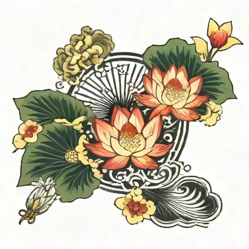 Lotus flower blooming from a traditional Japanese fan surrounded by various floral elements tattoo design idea