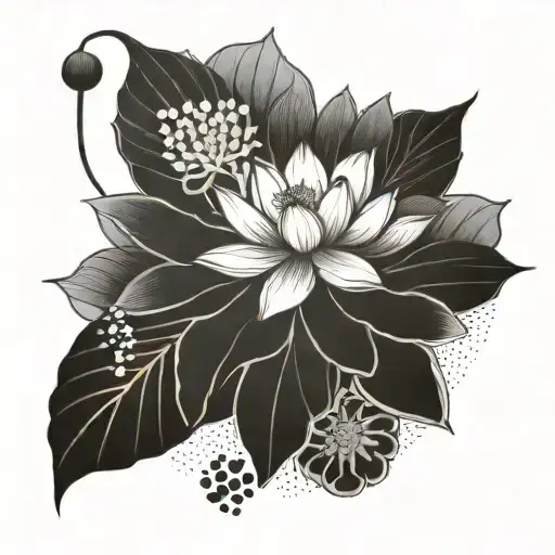 Lotus flower blooming from a traditional Japanese fan surrounded by various floral elements tattoo design idea