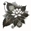 Lotus flower blooming from a traditional Japanese fan surrounded by various floral elements tattoo design idea