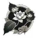 Lotus flower blooming from a traditional Japanese fan surrounded by various floral elements tattoo design idea