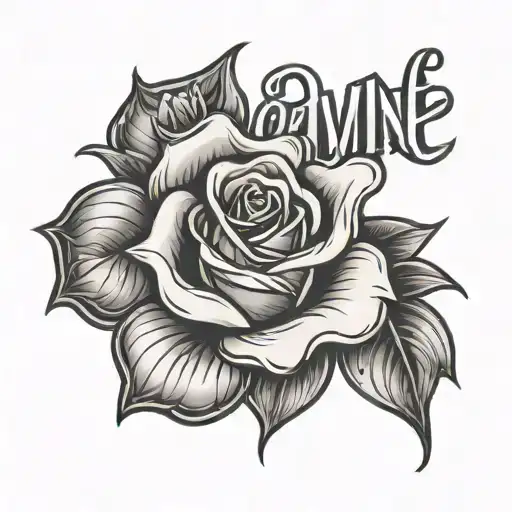rose with chrome heart font that says devine  tattoo design idea