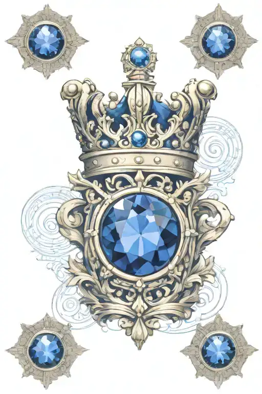 a blue sapphire with a king crown on top of it and an eye on top of it with Roman numerals around. tattoo design idea