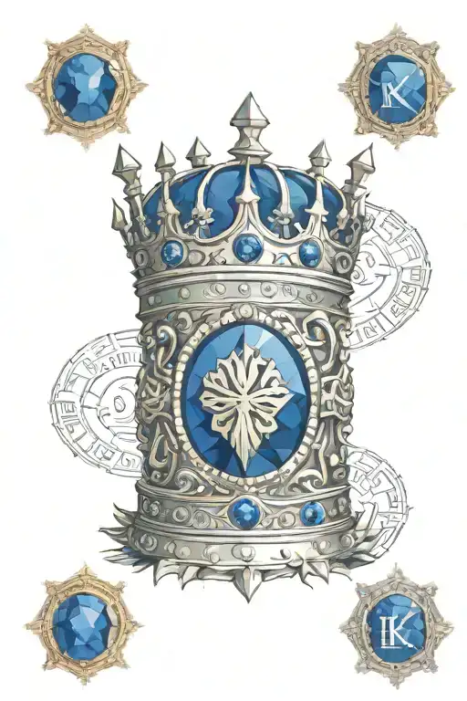 a blue sapphire with a king crown on top of it and an eye on top of it with Roman numerals around. tattoo design idea