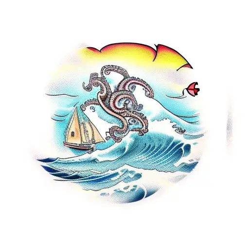 vertical surfboard, with a wave crashing onto it from behind with an octopus coming up from behind and wrapping its tent tattoo design idea