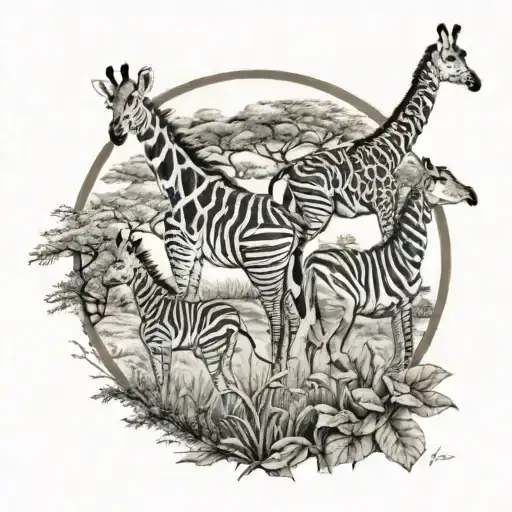 safari scene with zebra giraffe and gazelle tattoo design idea