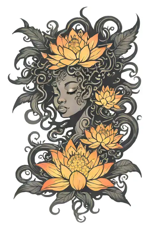 phoenix rising black girl silhouette Medusa bloomed lotus flower tattoo design idea