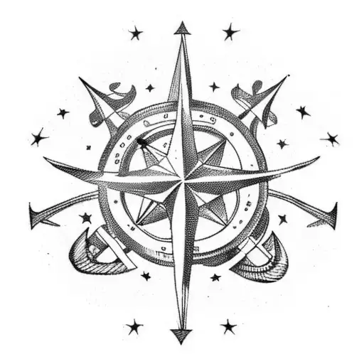 anchor with stars and compass tattoo design idea