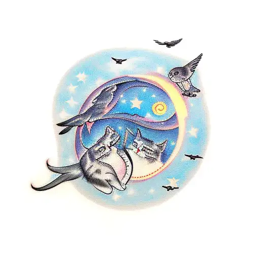 Flying birds forming a cat silhouette against a starry night sky tattoo design idea