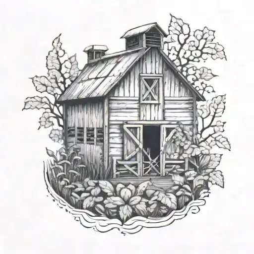 A barn with tobacco plants growing around it tattoo design idea