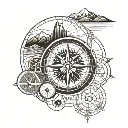 camino de Santiago shell, compass and mountains  tattoo design idea