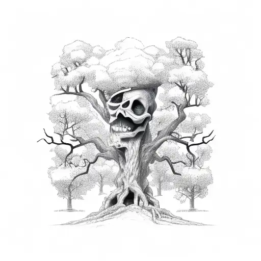 skeleton with arms crossed in old fashioned casket propped against a leafless oak tree tattoo design idea