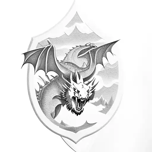 sheild with dragon resting on top, bear alert on the shield, a birch tree on the right, lillies in the middle  tattoo design idea