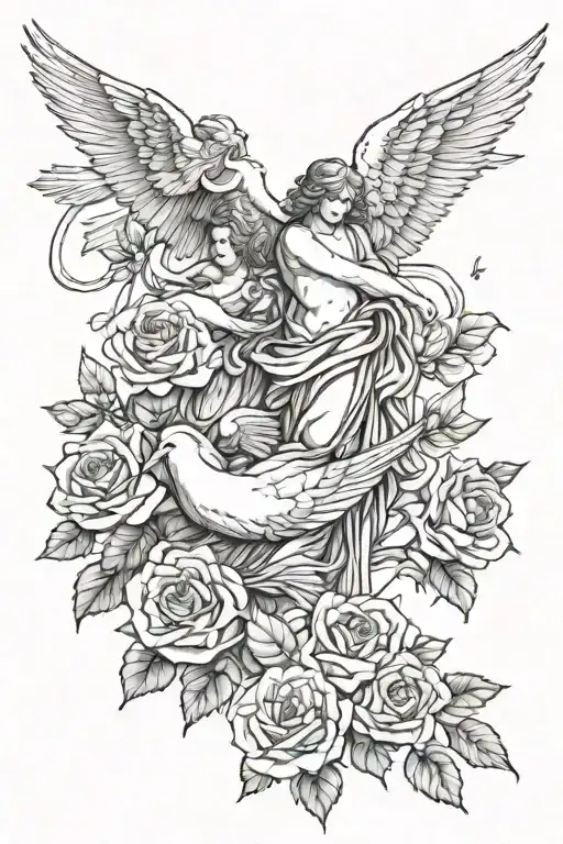 creation of adam with roses, doves, and angels tattoo design idea
