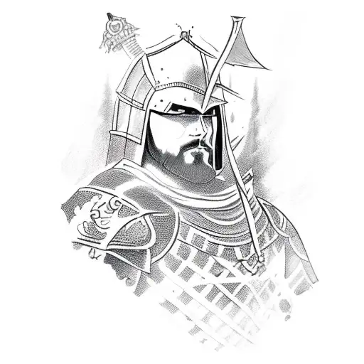 An ink style tattoo of a knight holding his sword infront of his chest down to the ground. A big oak tree in the back an tattoo design idea
