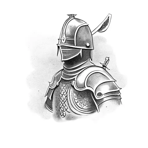 An ink style tattoo of a knight holding his sword infront of his chest down to the ground. A big oak tree in the back an tattoo design idea