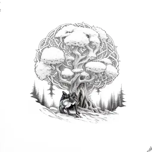 Sleeve Knight infront of an oak tree with a wolf and rose intertwined tattoo design idea