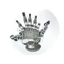 A robotic hand reaching out towards a glowing futuristic symbol tattoo design idea