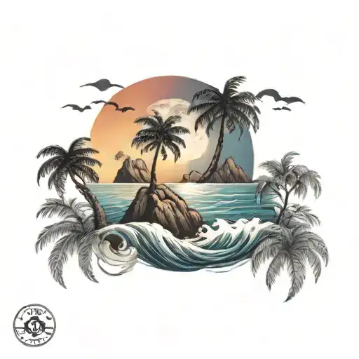 Yin Yang tattoo design with palm trees, ocean and a sunset on one side and a mountain and full moon on the other side tattoo design idea