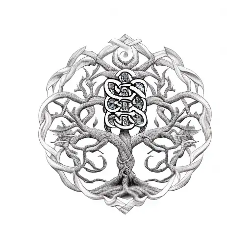 Tree of Life with rod of Asclepius carved into bark tattoo design idea