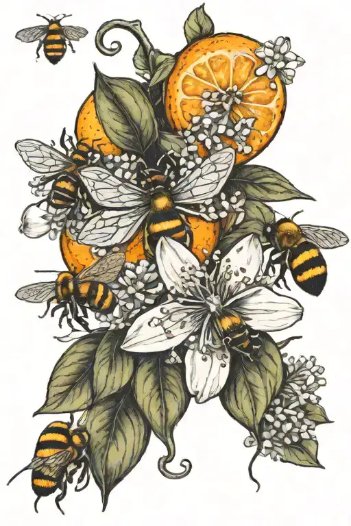Oranges Orange Blossoms honey bees and sliced orages  tattoo design idea