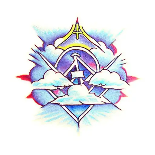 cross with clouds and birds surrounding it and sunlight beaming in tattoo design idea