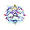 cross with clouds and birds surrounding it and sunlight beaming in tattoo design idea