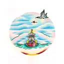 cross with clouds and birds surrounding it and sunlight beaming in tattoo design idea