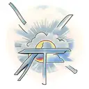 cross with clouds and birds surrounding it and sunlight beaming in tattoo design idea