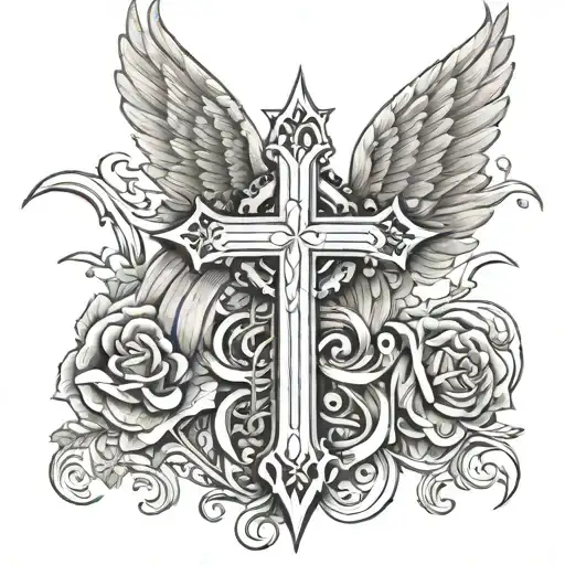 Angel wings wrapping inwards with a cross in the middle  tattoo design idea