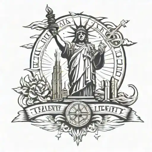 Statue of Liberty in the outline of the island roulette angels with machine guns tattoo design idea