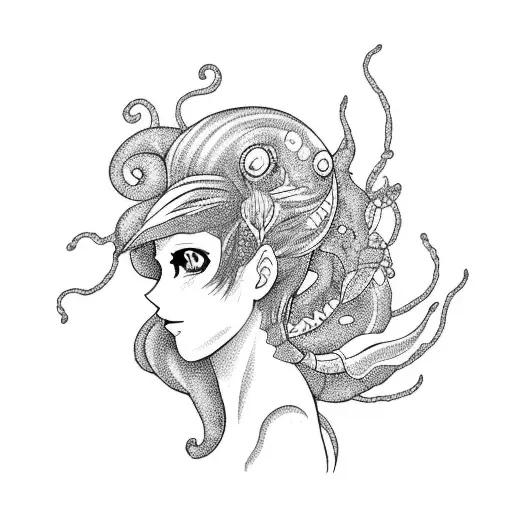 A mermaid with a neopunk-inspired hairstyle and tattoos, surrounded by anime-themed sea creatures tattoo design idea