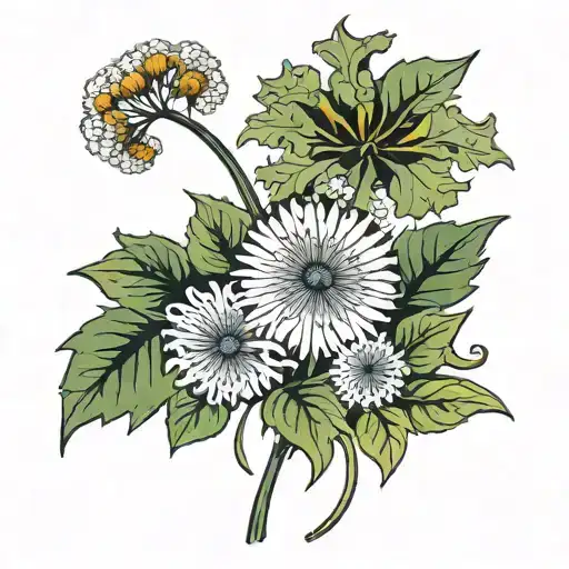 flowers: dandelion, nettle, marigold, nasturtium and four-leaf clover tattoo design idea