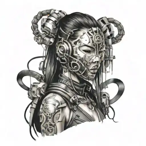 japanese girl standing  cyberpunk mask tattoo design idea