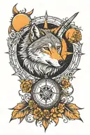 wolf and moon compass rose tattoo design idea