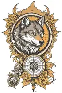 wolf and moon compass rose tattoo design idea