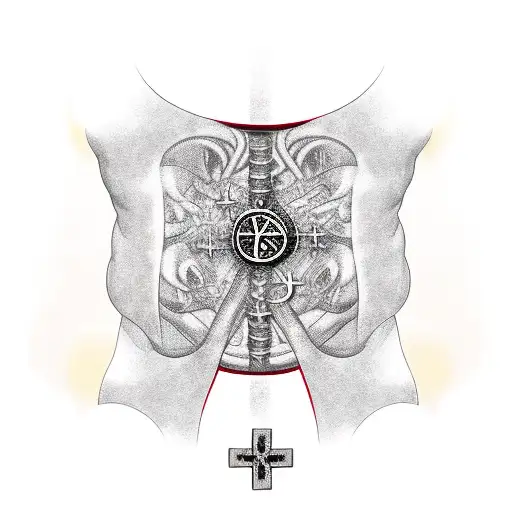  stomach black all religion symbols in one with cross as main one tattoo design idea