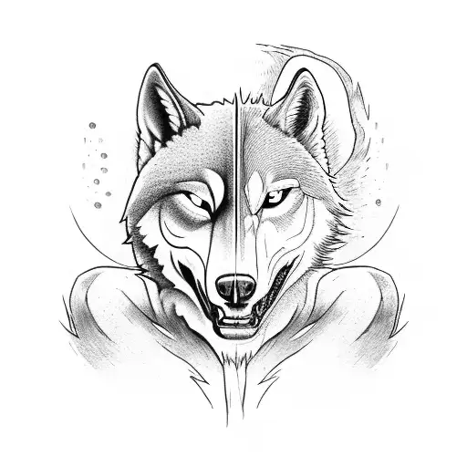 Kickboxer and a wolf facing each other in a battle stance tattoo design idea