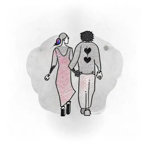 A new-school style tattoo of a lover and husband holding hands with ravens flying above them tattoo design idea