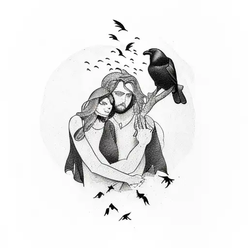 A new-school style tattoo of a lover and husband holding hands with ravens flying above them tattoo design idea