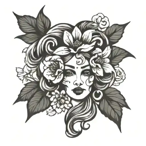floral lady head tattoo design idea
