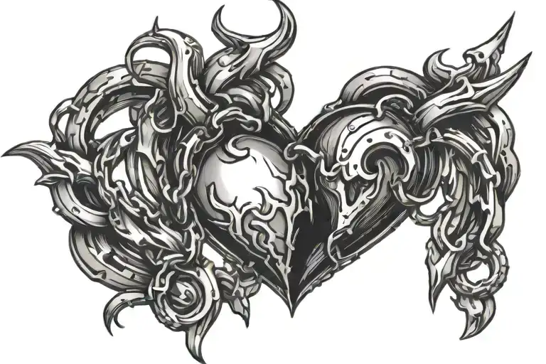 heart in the shape of a chain with broken parts with devil horns tattoo design idea