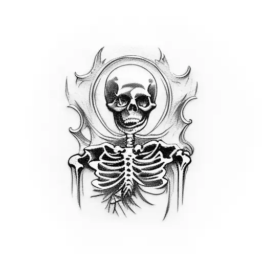 A haunting tattoo depicting a skeletal figure seated atop an hourglass, cradling a reaper in its hands, with the phrase  tattoo design idea