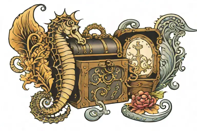 seahorse and treasure chest tattoo tattoo design idea