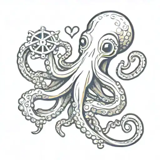 octopus holding anchor connected Our lives they love hearts tattoo design idea