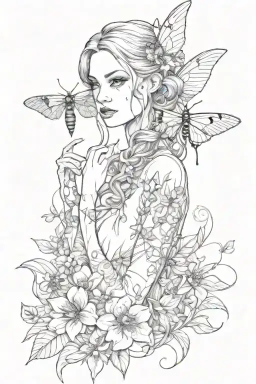 Black and white tattoo sleeve on woman with a praying mantis, a lady bug, a bumble bees, a luna moth, a cancer constella tattoo design idea