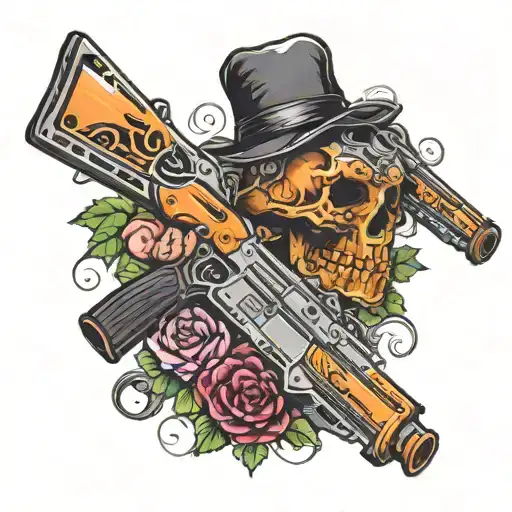 Create a tattoo layout with a chaisaw and double-barrelled shotgun crossed, chainsaw on the right, shotgun on the left.  tattoo design idea