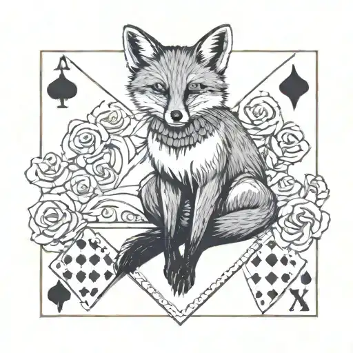 Small minimal fox sitting on a square background, accented by calligraphy brush strokes, with 4 large Aces playing cards tattoo design idea